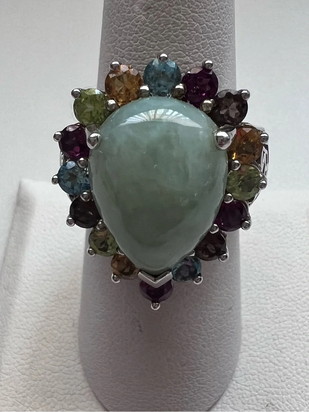Sterling Silver Green Jade Cabochon Multi Gemstone Halo Cocktail Ring Size 8
